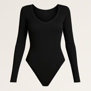 Black Ribbed Cotton Long Sleeve Bodysuit Size Medium NWT Stretchy